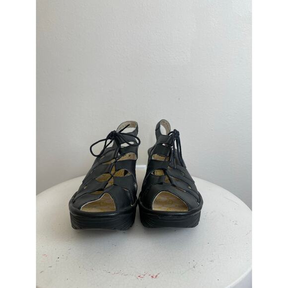 Fly London Black Leather Crisscross Wedge Sandals - Picture 4 of 10